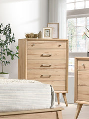 Mid-Century Modern Design Natural Oak Finish Chest of 5 Drawers Nickel Tone Classic Style Bedroom Furniture 1pc