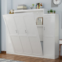 Full Size Murphy Bed with 2 Wardrobe and Storage Shelf, Multifunctional Foldable Platform Bedframe for Guest-Room, Bedroom, White