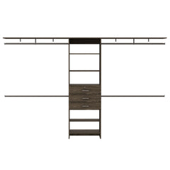 Closet System 69 inchW - 118 inchW, Four Hanging Rods, Three Drawers, Five Shelves, Dark Walnut