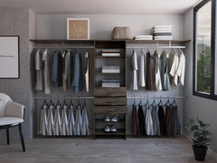 Closet System 69 inchW - 118 inchW, Four Hanging Rods, Three Drawers, Five Shelves, Dark Walnut