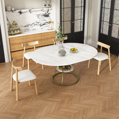 43 Inch Round Extendable Dining Table Set for 4-6 with 4 Solid Wood Chairs, Rail-Free Manual Extension Table with Marble Veneer & Gold Metal Base, Expandable Farmhouse Table from 43 to 59 Inch