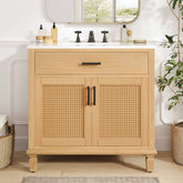 36" Rattan Bathroom Vanity with Ceramic Sink, Modern Bathroom Sink Cabinet with Soft Close Doors and Drawers, Free-standing Bathroom Vanity with Solid Wood Legs and Large Space Storage, Natural