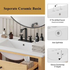 36" Rattan Bathroom Vanity with Ceramic Sink, Modern Bathroom Sink Cabinet with Soft Close Doors and Drawers, Free-standing Bathroom Vanity with Solid Wood Legs and Large Space Storage, Natural