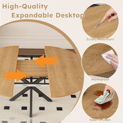 Extendable Round Dining Table Set for 2-6 Person, 43 to 58 Inch Oak Finish Expandable Table with Carbon Steel Base & 4 Solid Wood Chairs, Modern Space Saving Dining Room Furniture
