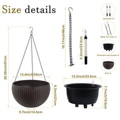 13.4 inch Self-Watering Hanging Rattan-Inspired Planter Large Capacity, Root-Rot Resistant Water Storage with Water Level Indicator, Dual-Use for Indoor & Balcony Decoration (Pack of 2, Brown)