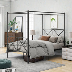 Metal Canopy Bed Frame, Platform Bed Frame with X Shaped Frame Full Black