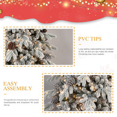 8 FT Flocked PE/PVC Christmas Tree with 44 Natural Pine Cones – 1634Tips, Space-Saving Design, Hinged Branches, Stable Metal Stand, Realistic Snowy Look