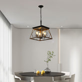 16" Walnut Industrial 4-Light Pendant Chandelier, Modern Metal Cage Design, Adjustable Hanging Light for Dining Room, Kitchen, Living Room (No Bulbs)