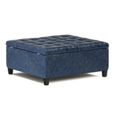 Harrison 36 inch Wide Coffee Table Storage Ottoman in Denim Blue Vegan Leather