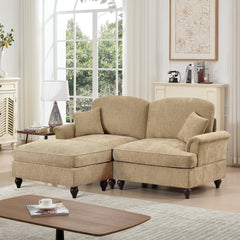 Elegant Mid Century Large Two Seater Modular L Shaped Sofa Couch with Flared Arms and Removable Ruffles Pleats Skirts and Spindle Legs, Comfy Chenille Loveseat Sofa with Movable Ottoman,Light Coffee