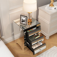 Baked curved mirror Nightstand with 3 Drawer Glass Bedside Table Chest of Drawers for Bedroom Small Spaces End Table for Living Room Fashion Bedroom Furniture Silver