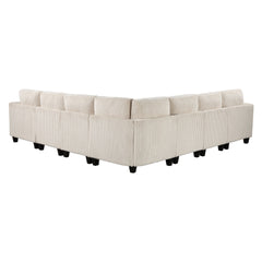 7-Piece Modular Sectional with Storage Seats, Side Pockets, Charging Ports Beige Corduroy Fabric Modern Living Room Sectional Couch Solid Wood Furniture