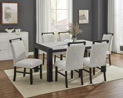 7pc Dining Set Contemporary Style White Faux Marble Rectangular Table Full Back Upholstered Chairs Light Gray Black Finish Dining Room Wooden Furniture
