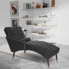 Chaise Lounge Arm Chair Indoor with Pillow and Solid Wood Legs, Leisure Accent Soft Chair with Tufted Back and Arm,Upholstered Chaise Couch Chair for Living Room, Bedroom,Black PU