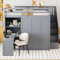 Full Size Loft Bed with Wardrobe,Desk and Shelves,Gray