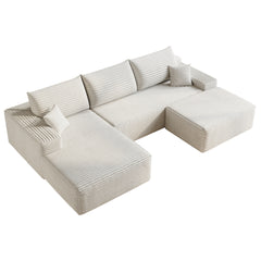 107"Cloud Sectional Sofa with 1 Ottoman,Modern Minimalist Upholstered Couches,Comfort U Shaped Sofa for Living Room,Deep Seat Corner Couch,No Assembly Required (Plush Corduroy Fabric),White