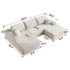 107"Cloud Sectional Sofa with 1 Ottoman,Modern Minimalist Upholstered Couches,Comfort U Shaped Sofa for Living Room,Deep Seat Corner Couch,No Assembly Required (Plush Corduroy Fabric),White