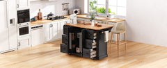 K&K 56 inch Kitchen Island with Rubber Wood Veneer Drop Leaf, Power Outlet, 4 Door Shelves, Embossed Vertical Stripe Rolling Kitchen Cart on 4 Wheels with 6 Deep Drawers for Kitchen, Dining Room,Black