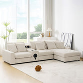 112*64'' Corduroy Sectional Sofa with Bluetooth Speakers,L-Shaped Couch with Console,USB Charger,Cup Holders,Storage,Ottoman,Deep and Wide Seat Cloud Sofa for Living Room&Apartment,2 Colors