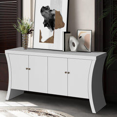 Refined Industrial 4-Door Credenza with Wooden Arc Legs & Bronze Clasps – Advanced Storage Design, Solid Craftsmanship, White