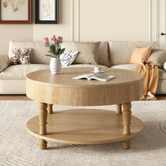 Coffee Table with Dual Storage for Living Room, 31.5" Modern Round Coffee Table with Storage and Hidden Compartment, Adjustable Leveling Feet, Easy Assembly(Natrual Wood)