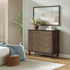 Large 4-Drawer Chest with Solid Wood Foot, Dresser with Brushed Deep Brown Finish & Metal Drawer Knobs, Antique Design for Bedroom & Nursery