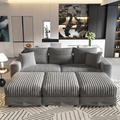 82.7 "Plush Corduroy 3-Seat Sofa,Modern Comfy Upholstered Sofa Cloud Couch,Deep Seat Couches with Soft Pillows and 3 Ottomans,Convertible Sofa Lounge Chair,Grey(Old SKU:W1885S00157)