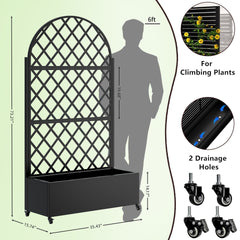 Round Metal Planter Box with Trellis, 73"x35"x16 Metal Raised Garden Bed with Trellis, Metal Planter Box with Drainage Holes & Lockable Wheels & Privacy Screen for Climbing Plants, Vegetables, Vines