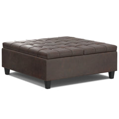 Harrison 40 inch Wide Large Square Coffee Table Storage Ottoman in Distressed Brown Vegan Leather