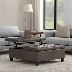 Harrison 40 inch Wide Large Square Coffee Table Storage Ottoman in Distressed Brown Vegan Leather