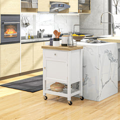HOMCOM Utility Kitchen Cart, Rolling Kitchen Island with Smooth Rubberwood Top, Narrow Butcher Block Surface on Wheels with Storage Drawer & Cabinet, White
