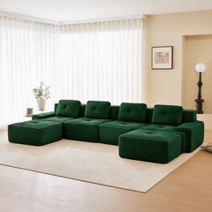 153" Modern U-Shaped Modular Sectional Sofa for Living Room, Corduroy Fabric,4-Seater Couch with Deep Seat and 2-Movable Ottoman,Pearl-like piping, Tufted Design, No Assembly, Anti-slip Design,Green