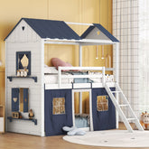Twin Size Bunk Wood House Bed with Elegant Windows, Sills and Tent, Blue+White