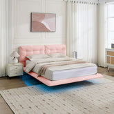 Queen Size Upholstered Floating Bed Frame with LED Lights, Pu Leather Platform Bed with Button-Tufted Headboard, Easy Assembly, No Box Spring Needed, Pink