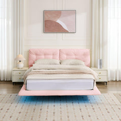 Queen Size Upholstered Floating Bed Frame with LED Lights, Pu Leather Platform Bed with Button-Tufted Headboard, Easy Assembly, No Box Spring Needed, Pink