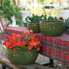 Handmade Glazed Ceramic Planter Set of 3, 15/12/10 Inch Diameter, Hammered Pattern, for Bamboo & Ficus Outdoor Garden & Indoor Staircase Use, Breathable Clay with Drainage Holes, Solid Green
