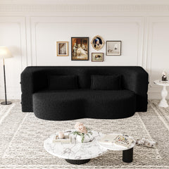Modern Floor Sofa with 2 Pillows,Convertible Teddy Fabric Foam-Filled Sleeper Sofa Bed,15" Full Size Folding Mattress for Living Room,Guest Bed,no assembly required,Black(Same series:W1885P2722)