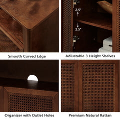 63" Mid Century Modern Rattan Sideboard Buffet Cabinet with Storage, Retro Coffee Bar Wine Bar Credenza, Large Media Console Table for Living Room/Entryway/Kitchen, Walnut