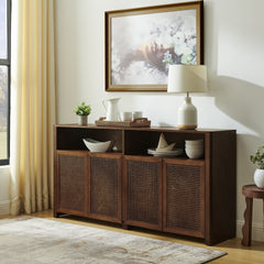 63" Mid Century Modern Rattan Sideboard Buffet Cabinet with Storage, Retro Coffee Bar Wine Bar Credenza, Large Media Console Table for Living Room/Entryway/Kitchen, Walnut