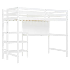 Twin Size Wooden Loft Bed with Shelves, Desk and Writing Board - White