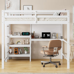 Twin Size Wooden Loft Bed with Shelves, Desk and Writing Board - White