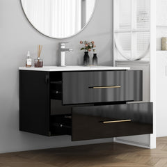 30-Inch Black Gloss Wall-Mounted Bathroom Vanity with Sink Combo, Double Drawers,Ceramic Sink,Long Metal Handle ,Easy Installation,Glossy Black