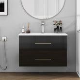 30-Inch Black Gloss Wall-Mounted Bathroom Vanity with Sink Combo, Double Drawers,Ceramic Sink,Long Metal Handle ,Easy Installation,Glossy Black