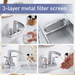 Chrome Bathroom Faucet - 4 Inch Centerset Waterfall Faucet With 2 Handles, 360 Degree Swivel Spout, 3 Hole Sink, Pop Up Drain