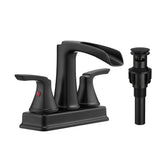 Matte Black Bathroom Faucet - 4 Inch Centerset Waterfall Faucet With 2 Handles, 360 Degree Swivel Spout, 3 Hole Sink, Pop Up Drain