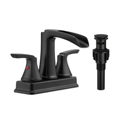 Matte Black Bathroom Faucet - 4 Inch Centerset Waterfall Faucet With 2 Handles, 360 Degree Swivel Spout, 3 Hole Sink, Pop Up Drain