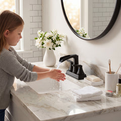 Matte Black Bathroom Faucet - 4 Inch Centerset Waterfall Faucet With 2 Handles, 360 Degree Swivel Spout, 3 Hole Sink, Pop Up Drain