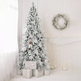 9 FT Flocked PE/PVC Christmas Tree with 52 Natural Pine Cones – 2138Tips, Space-Saving Design, Hinged Branches, Stable Metal Stand, Realistic Snowy Look