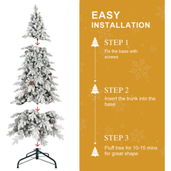 9 FT Flocked PE/PVC Christmas Tree with 52 Natural Pine Cones – 2138Tips, Space-Saving Design, Hinged Branches, Stable Metal Stand, Realistic Snowy Look