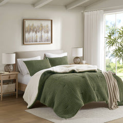 2 Pieces Twin Waffle Knit Chenille Comforter Set,Olive